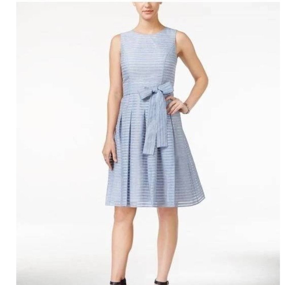 Tommy Hilfiger Pleated Dress Sz 6 Knee Length Periwinkle Ottoman Stripe FitFlare